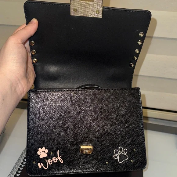 Aldo Black & Pink Dog Motif Top-Handle Satchel with Pom - Picture 2 of 10